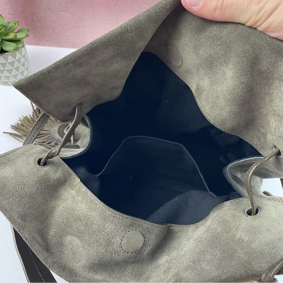 All Saints Cow Leather Gray Black Tassel Purse Bag Liberty Hobo Slouchy - Picture 8 of 12